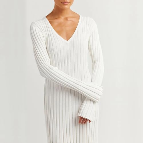 Image of Women's Long Knit Crewneck Sweater Dress Tie Waist A-Line Swing Pleated Bodycon