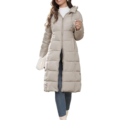 Women's Winter Hooded Down Puffer Jacket Long Length Quilted Down Coat Full Zip Padded Warm Outerwear, White, X-Large