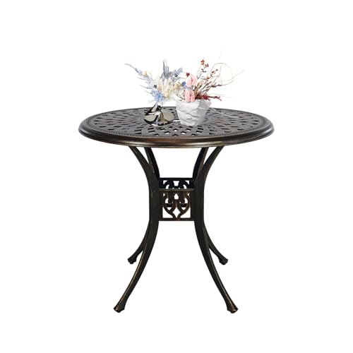 Image of 30.7 inch Outdoor Round Cast Wrought Aluminum Patio Metal Dining Table with Umbrella Hole, Cast Aluminum Frame Bistro Table for Backyard Lawn Balcony Deck, Bronze