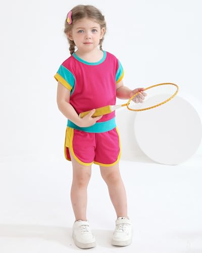Image of SANMIO Toddler Girl Clothes Summer Toddler Girls Color Block Short Sleeve Shorts Sweatsuit Outfits 2 Piece Clothing Set