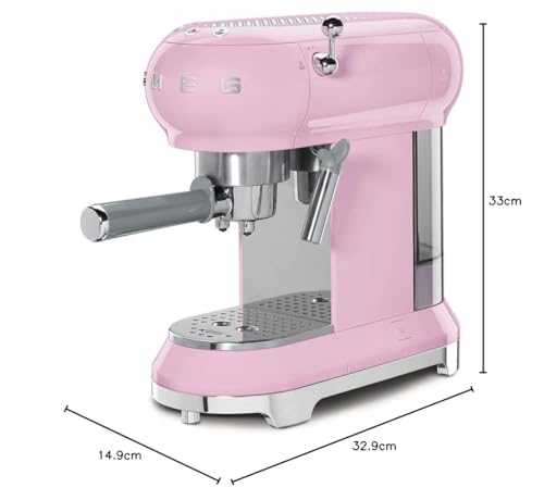 Smeg, ECF01PKEU Manual Espresso -Maschine, Cappuccino -System, Thermoblock, große Tassengehäuse und Doppelkaffeefunktion, 1 l Wassertank, kompakte Abmessungen, 1350W, Rose