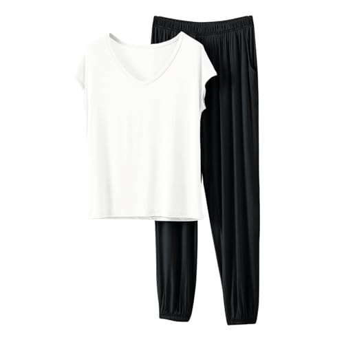 Image of HGps8w Women's Modal Soft Summer Pajamas Sets, Loose V Neck Short Sleeve Top Joggers Pants Matching 2 Piece Lounge Outfits