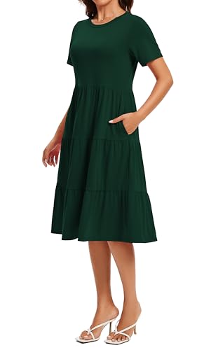 Image of Womens Summer Short Sleeve Crew Neck Midi Dress 2026 Casual Fit Flowy Tiered Beach Vacation Sundress with Pockets