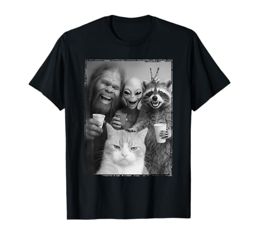 Cat Selfie with Bigfoot, Alien & Racoon | Funny Cat T-Shirt