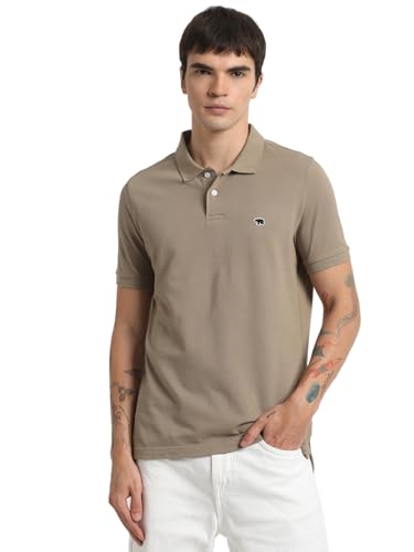 Image of THE BEAR HOUSE Men Beige Solid Slim Fit Polo Collar T-Shirt