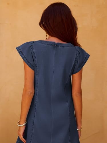 YUNDAI Womens Denim V-Neck Short Sleeve Mini Dress with Pockets Summer - image 5