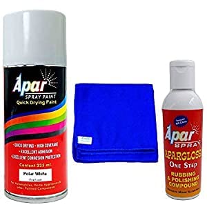 APAR Automotive Spray Paint Polar White – 225ml,One step rubbing and polishing compound(100 gms),microfiber cloth Blue (350 gsm), Compatible For Hyundai Cars.
