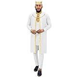 africa-pride African Clothes for Men Embroidery Blazer Shirts Pants Hats 4 Piece Set Chain Dashiki Outfits for Wedding Evening White Small