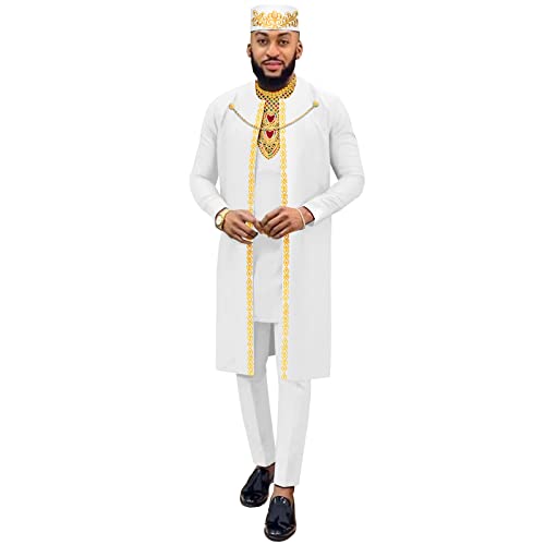 African Clothes for Men Embroidery Blazer Shirts Pants Hats 4 Piece Set Chain Dashiki Outfits for Wedding Evening