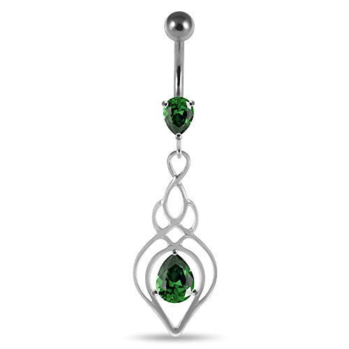 Dark Green Cz Stone Celtic Lotus Leaf Dangling 925 Sterling Silver Belly Button Ring #TOP10