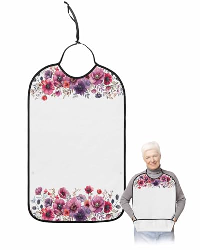 Purple Floral Adult Bib for Adults Men, Women, Eucalyptus Aesthetic Leaves Botanical White Washable & Adjustable Terry Cloth Bib with Crumb Catcher Reusable Waterproof Clothing Clothes Protector Apron