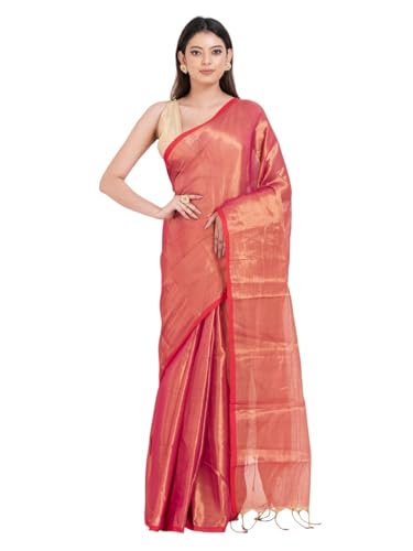 Image of Women's Tissue Cotton Saree | Plain Lightweight Tassel Pallu Saree with Blouse