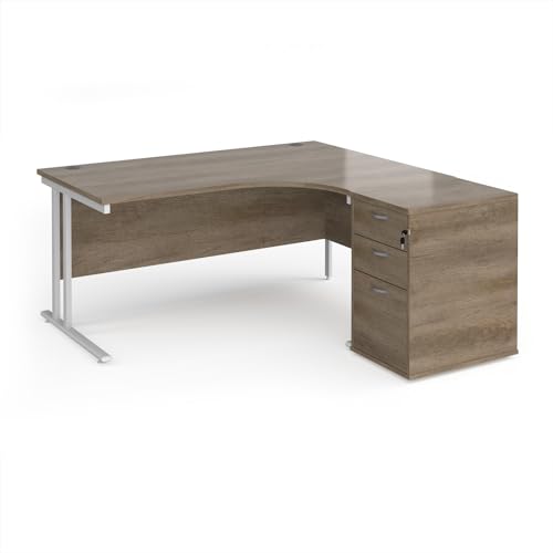 Image of Mr Office Maestro 25 right hand ergonomic desk with white cantilever frame and desk high pedestal bundle, Nebraska Oak, 1600