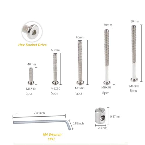 Image of 50pcs Baby Bed Crib Screws Hardware Replacement Kit- M6x40mm / 50mm / 60mm / 70mm / 80mm Hex Drive Socket Cap Screws Barrel Nuts Assortment Kit for Beds Headboards Chairs Furniture.