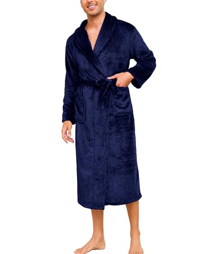 Image of Vlazom Mens Dressing Gown Plush Fleece Bathrobe with Shawl Collar Robe, Soft Warm Men's Robes Spa Bath Thick Housecoat with Pockets Navy Blue,XL