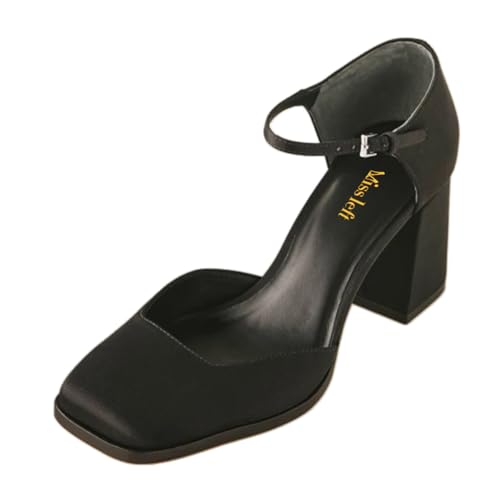 miss left Women Square Toe Adjustable Ankle Buckle D'Orsay Pumps Chunky High Heel Graceful Party Date Shoes Size 4-16 US