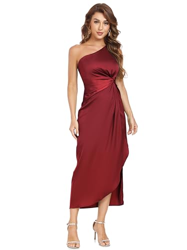 Image of Women's One Shoulder Satin Silk Backless Split Wrap Hem Twist Ruched Summer Party Cocktail Midi Dress