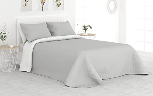 Liniva Home Colcha Bouti Termosellada para Verano y Entretiempo. 100% Microfibra - Modelo Mallorca. Colcha Cubre Cama Multiusos. Incluye Dos Fundas de cojín. Cama 120/135/140-235x265cm Gris/Blanco