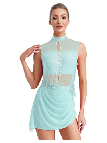 TiaoBug Vestido De Patinaje Artístico Mujer Body De Ballet con Falda Tul Maillot Sin Manga De Lentejuelas Traje De Danza Contemporánea Azul Claro S