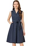Allegra K Women's Vintage Notched Lapel Belted Business Office Midi Sleeveless Safari Dress Small Dark Blue