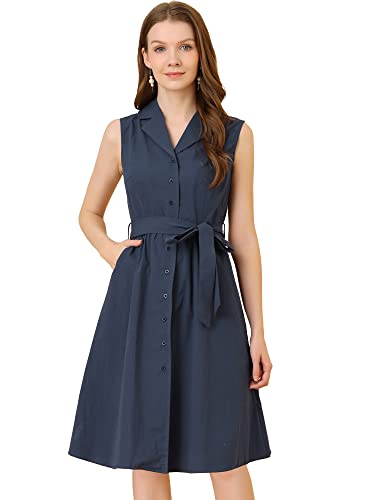 Allegra K Women's Vintage Notched Lapel Belted Business Office Midi Sleeveless Safari Dress Small Dark Blue