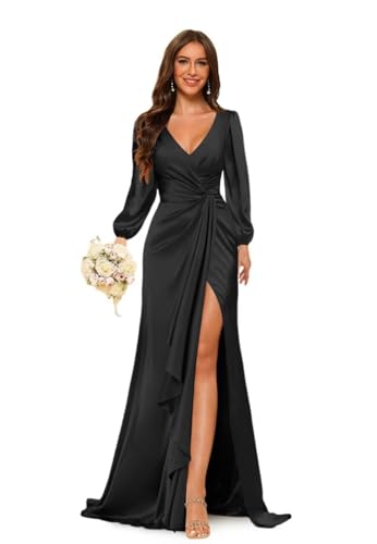 Satin Long Bridesmaid Dresses with Silt for Wedding Long Sleeve Formal Evening Dress PU201