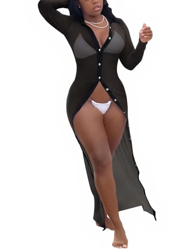 Kafiloe Women Sheer Mesh Dress Long Sleeve Sexy Bodycon Button Down Beach Bikini Bathing Suit Cover Ups for Swimwear2