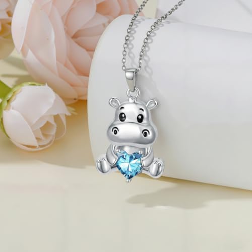 Image of PROESS Animal Birthstone Necklace 925 Sterling Silver Otter /Axolotl /Hippo /Elephant /Dachshund /Monkey /Red Panda Pendant Necklace Animal Birthstone Jewelry Gifts for Women