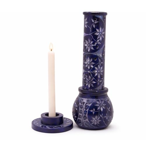 Image of Marble Soapstone Incense Holder, Blue, 3x3x10 Inches | Handmade, Round Carving, Candle Burner, Tea Light Holder, Decorative Home and Office Decor