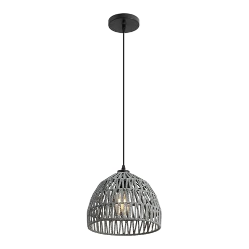 Image of JONATHAN Y 10.25 inch Gray Modern Bohemian Woven Rope LED Pendant Light Fixture, Adjustable Dome Ceiling Lamp for Kitchen Island, Rope Shade, Coastal Farmhouse Decor (JYL6513D)