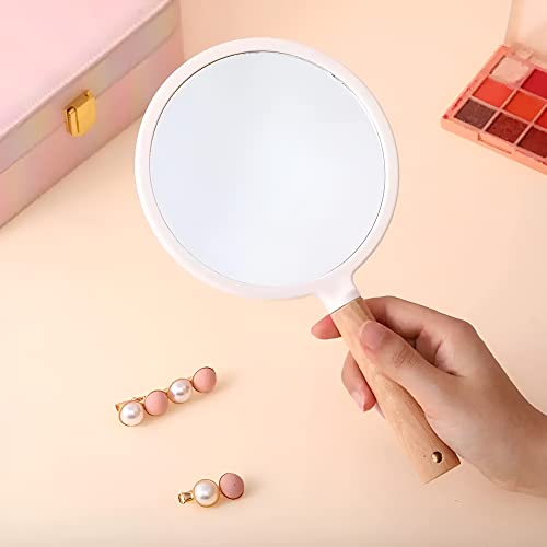 Image of Round Wooden Handle Mirror for Makeup & Travel | Portable Lightweight Handheld Vanity Mirror with Hanging Hole | Durable Plastic Frame | Natural Wood | Colour May Vary (1, Wood Handel Round)