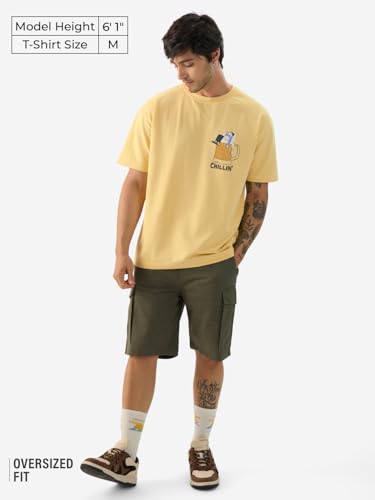 Image of The Souled Store Chillin' Men and Boys Short Sleeve Round Neck Yellow Graphic Printed Cotton Oversized T-Shirts