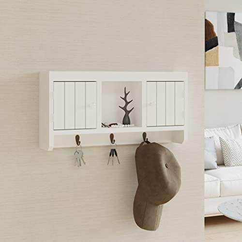YUTAASU Armadietto Portachiavi a Parete con 3 Ganci in Acciaio e 2 Ante, Mensola Centrale per Chiavi, Accessori, Bianco, Legno Multistrato, 40 x 8.5 x 20 cm, Organizzatore Parete,