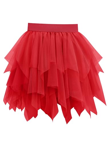 Vlazom Saia de tule para mulher saia tutu de tule irregular com cintura elástica, saia plissada informal de chiffon para festa de graduação S-XXL, Vermelho