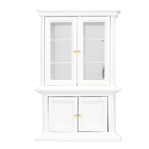 112/スケール ミニチュア本棚キャビネット、家具装飾、両開きドア付き模擬木製ディスプレイ、ドールハウスの部屋装飾用バーチ材、65. x 43. x 15インチ。 (White)