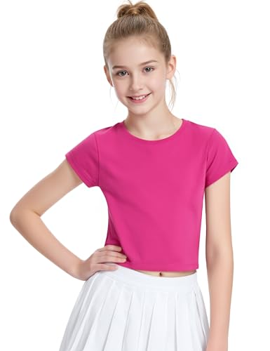 Image of Auranso Girls Crop Tops Kids Short Sleeve T-Shirts Basic Summer Tee Top