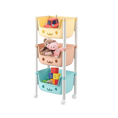 子ども収納セット おもちゃ 棚 絵本棚 絵本ラック おもちゃ 収納 ラック 子供用 おもちゃ収納 バスケット 3/4段 3/4マス ストッパー付き 子供用 キャスター付き 収納カート おしゃれ 可愛い 大容量 安全 キッズ収納 (三段, 蓋無し)