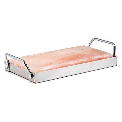 FLAMMBURO Salzstein (10x20x2,5 cm) + Halterung aus Edelstahl – Grillstein aus Kristallsalz, Salzplatte, Salzblock - BBQ, Grill und Backofen - perfekt zum Grillen, Braten, Kühlen und Servieren (34727)