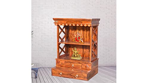 Image of Wudniture Sheesham Wood Handcrafted Home Mandir /Temple (Honey Finish, 100 cm) | Wooden Pooja Mandir for Home & Office