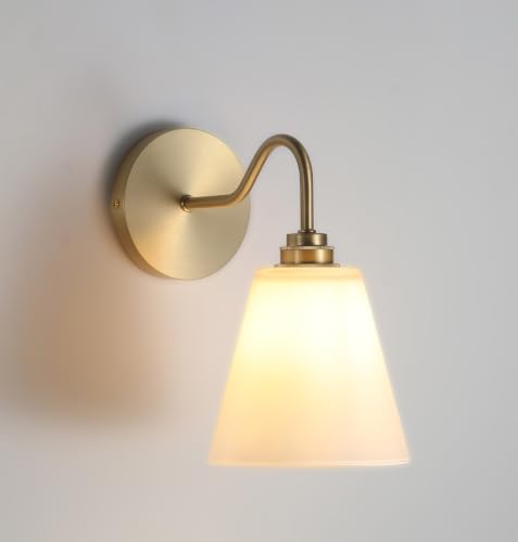 Image of Brass Wall Sconce with Milk Glass Cone Shade and Gooseneck, Gold Kitchen Sink Sconce for Bathroom, Bedroom (Bulb Included)