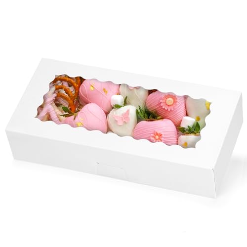 Moretoes 30pcs Valentines Day Cookie Boxes, 12x5.5x2.5 Inches White Bakery Box with Window for Treats, Chocolate Covered Strawberry, Donuts, Pastries, Cake Pop