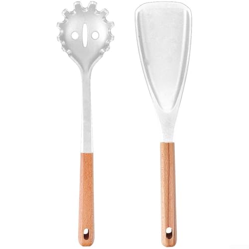 NbgrvB Pagaie à riz et cuillère à pâtes en silicone avec poignée en bois, ustensiles de cuisine ergonomiques pour la cuisine avec design résistant à la chaleur et facile à nettoyer
