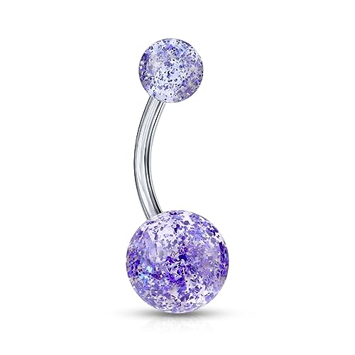 Forbidden Body Jewelry 14g Grade 23 Titanium Blue Ultra Glitter Acrylic Double Ball Belly Button Ring