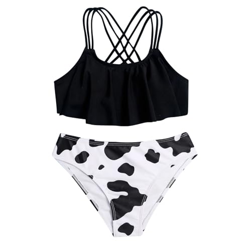 Teen Bathing Suits for Girls Spaghetti Strap Criss Cross Bikini Swimsuit 2 Piece Cow Print Swimwear (Black, 13-14 Years)