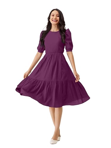 Image of TRENDMALLS Dress for Women Cotton Blend Round Neck Half Puff Sleeve Flared Pleated Midi Western Dress