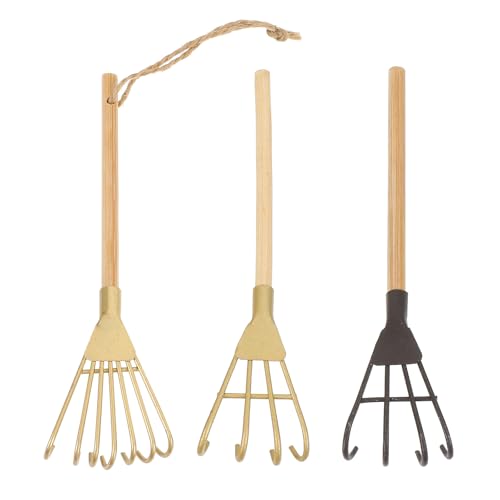 VICASKY 3 Stück Kleiner Bonsai Rechen aus Robustem Eisen mit Holzgriff Multifunktionale Gartengeräte für Haushalt Bonsai und Pflanzgestaltung Leicht und Langlebig