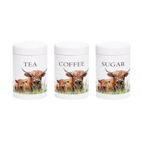 Highland Cow & Calf Tea, Coffee, and Sugar Canister Set - Rustic Farm Animal Home Gifts - White Screw Top Lid Kitchen Storage Containers 750ml