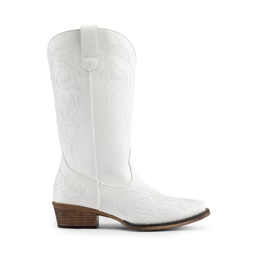 DREAM PAIRS Women's Cowboy Boots Mid Calf Cowgirl Boots Square Toe Chunky Heel Embroidery Stitched Western Boots,Size 11,White,SDMB2403W