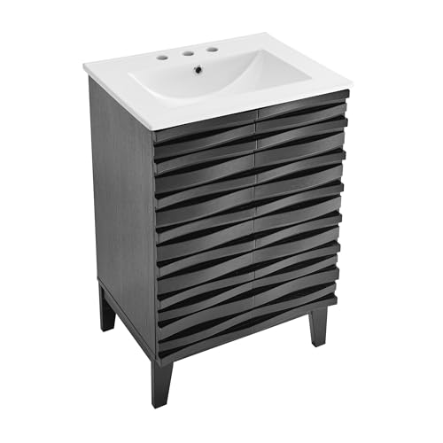 Image of Swiss Madison Cascade 24 in. Black Oak Bathroom Vanity with White, 3-Hole Ceramic Sink Top