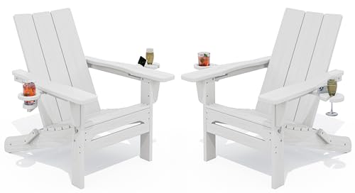 SERWALL Modern Folding Adirondack Chairs Set of 2, HDPE, Cup Holders, White